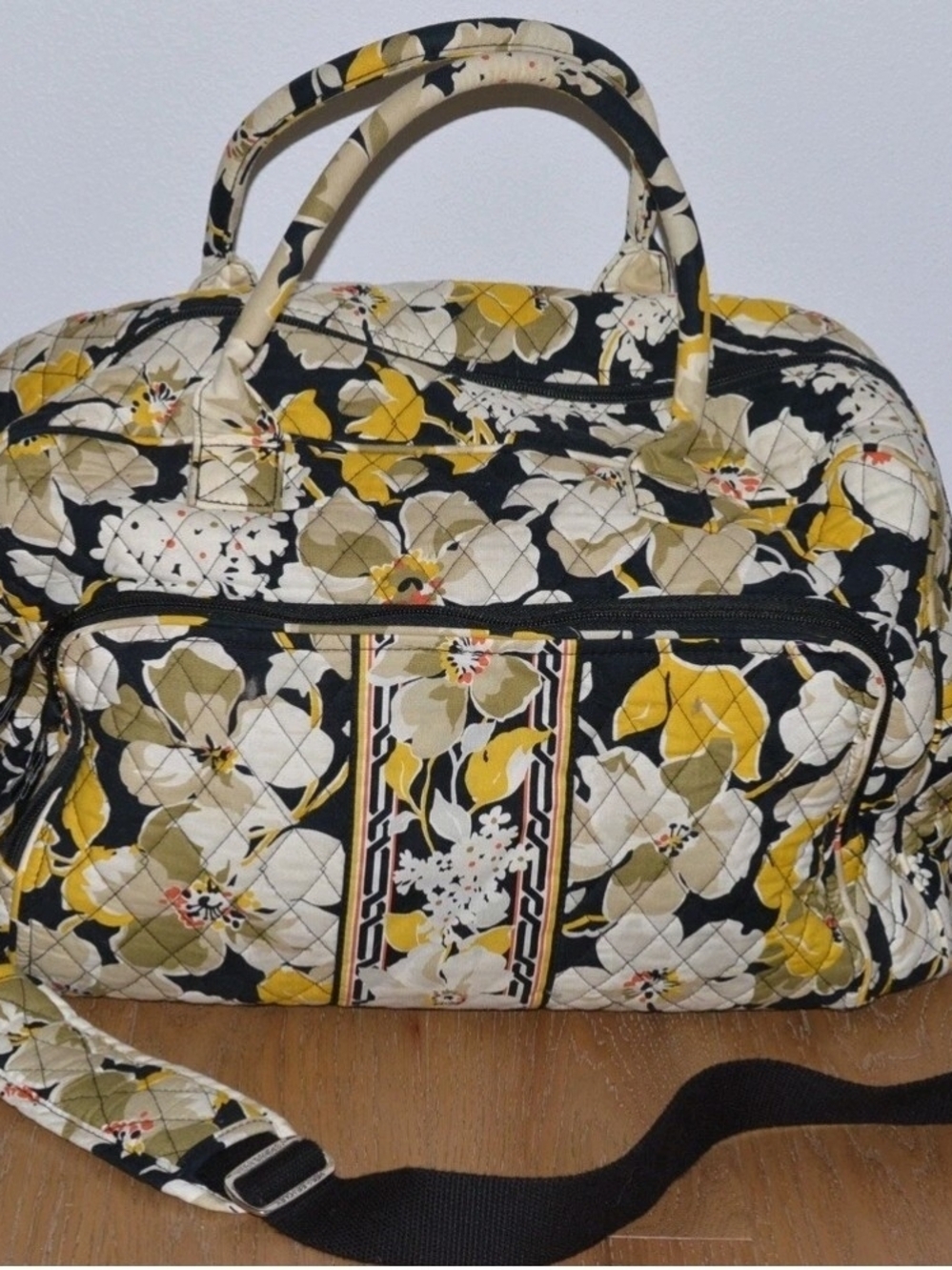 Quilted Floral Travel Tote Bag in Black, Yellow & Cream